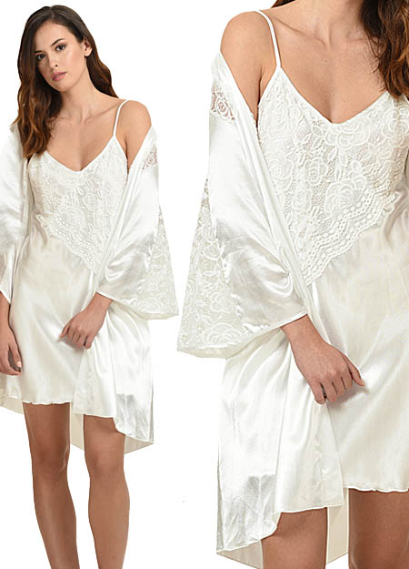 Satin nightgown set with ivory 9966 PRIMAVERA robe